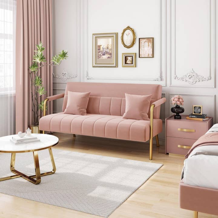 Modern Pink Velvet Sofa with Gold Arms for Living Room for wholesale on Faire6