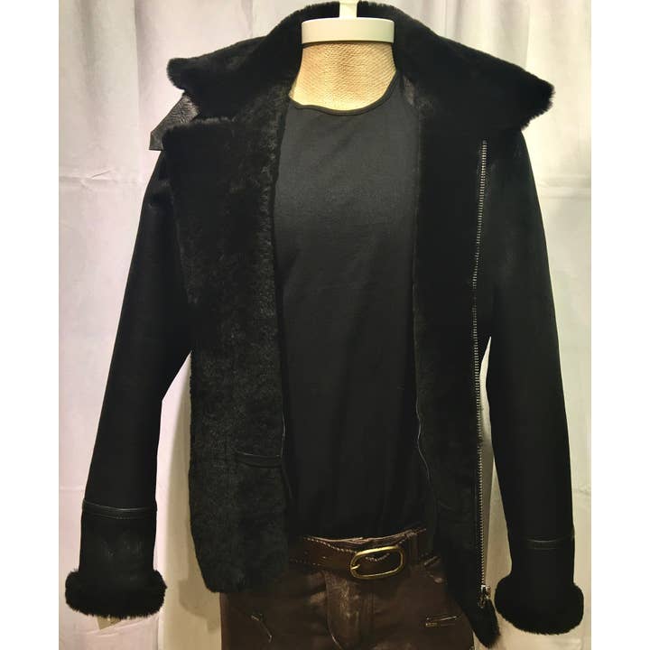 Shearling Leather Jacket - Black/Black Color for wholesale by The Lud