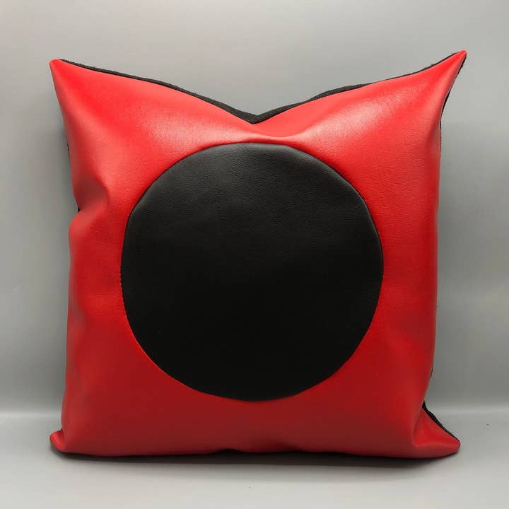 Handmade contemporary pillow black/red vinyl 18 x 18” inches for wholesale by Magic Hill - Mercantile