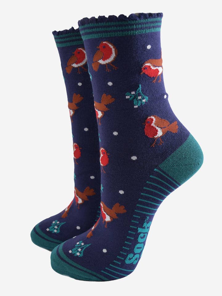 Women's Bamboo Socks - Navy Blue/Green, Christmas Robin for wholesale by Sock Talk