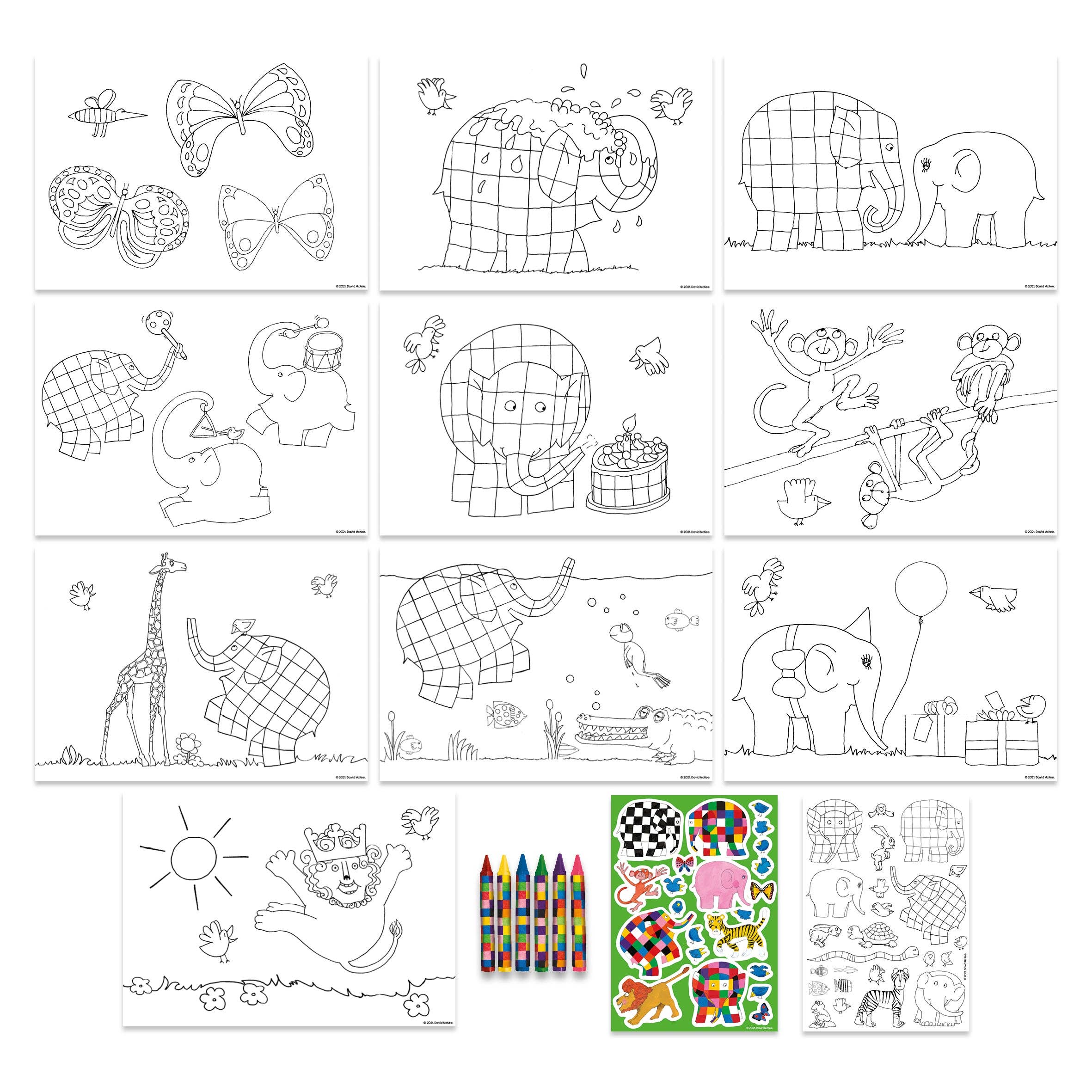 Robert Frederick Ltd – Engroshandel Malebog - Børn og baby – Elmer Børns Farvesæt - Inkluderer Farvekridt og Klistermærker1