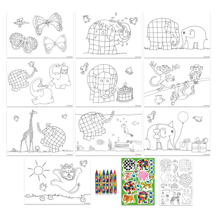 Robert Frederick Ltd – Engroshandel Malebog - Børn og baby – Elmer Børns Farvesæt - Inkluderer Farvekridt og Klistermærker1