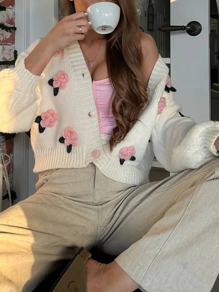 Rosa Clothing - Wholesale Cardigan - Women's - cute little rose ball 3D flower knit cardigan