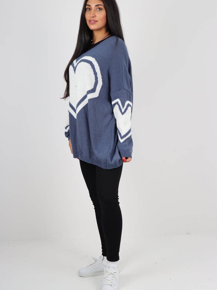 Miss Bold - Wholesale Tunic Sweater - Women's - Oversized Heart Print Knitted Jumper Top12