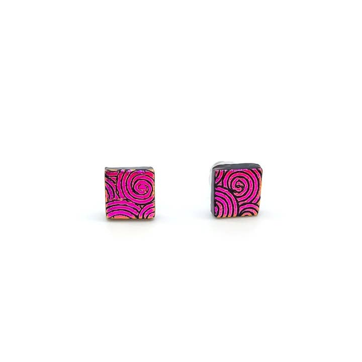 Fuchsia Dichroic Glass Square Stud Earrings for wholesale by Eclectic Woodchuck