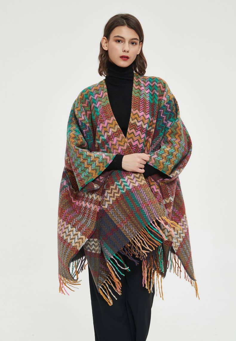 ePretty - Wholesale Poncho - Women's - Multi Color Chevron Printed Knit Wrap with Tassels Z1-PJP1214