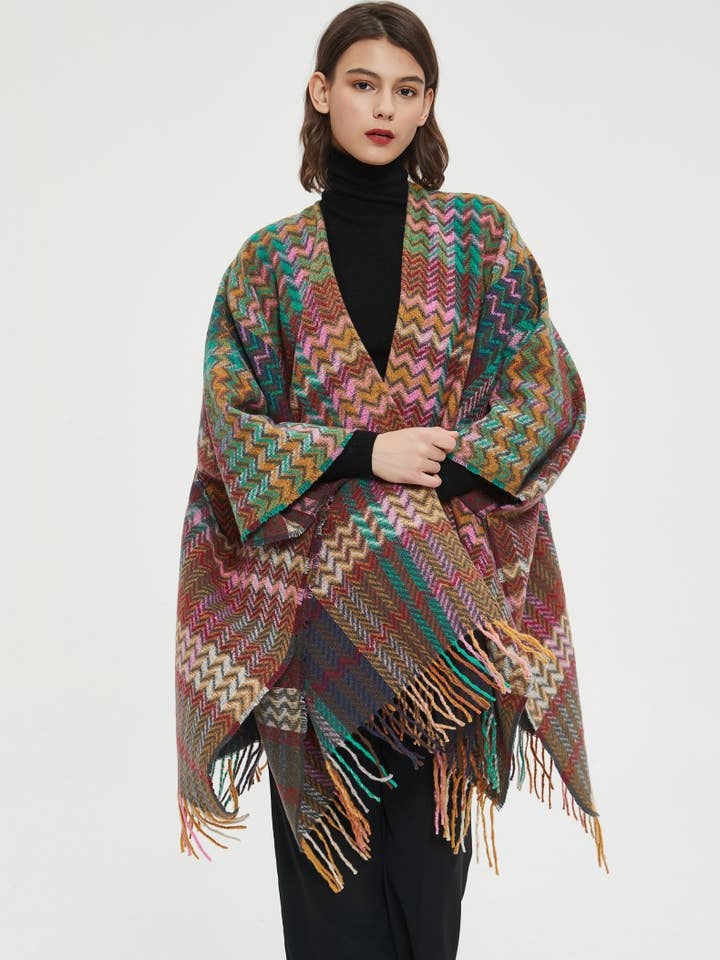 ePretty - Wholesale Poncho - Women's - Multi Color Chevron Printed Knit Wrap with Tassels Z1-PJP1214