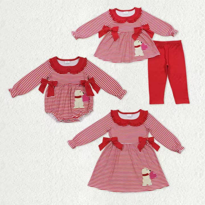 Sibling Baby Girls Red Stripes Bows Embroidery Dog Hearts Valentine Clothes Sets Dress Romper for wholesale by Aier Wholesale