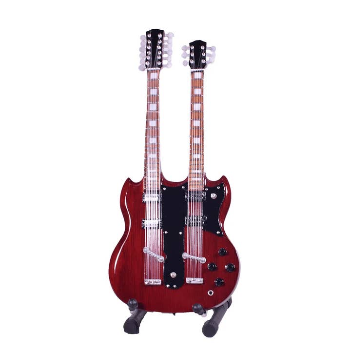 giftland - Wholesale Decorative Tabletop Object - Wooden Double Electric Guitar Miniature 20cm with Stand
