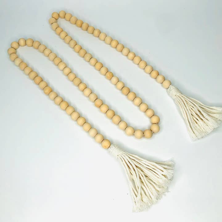 natural wood bead garland with cotton tassels decor small for wholesale by EcoFreax