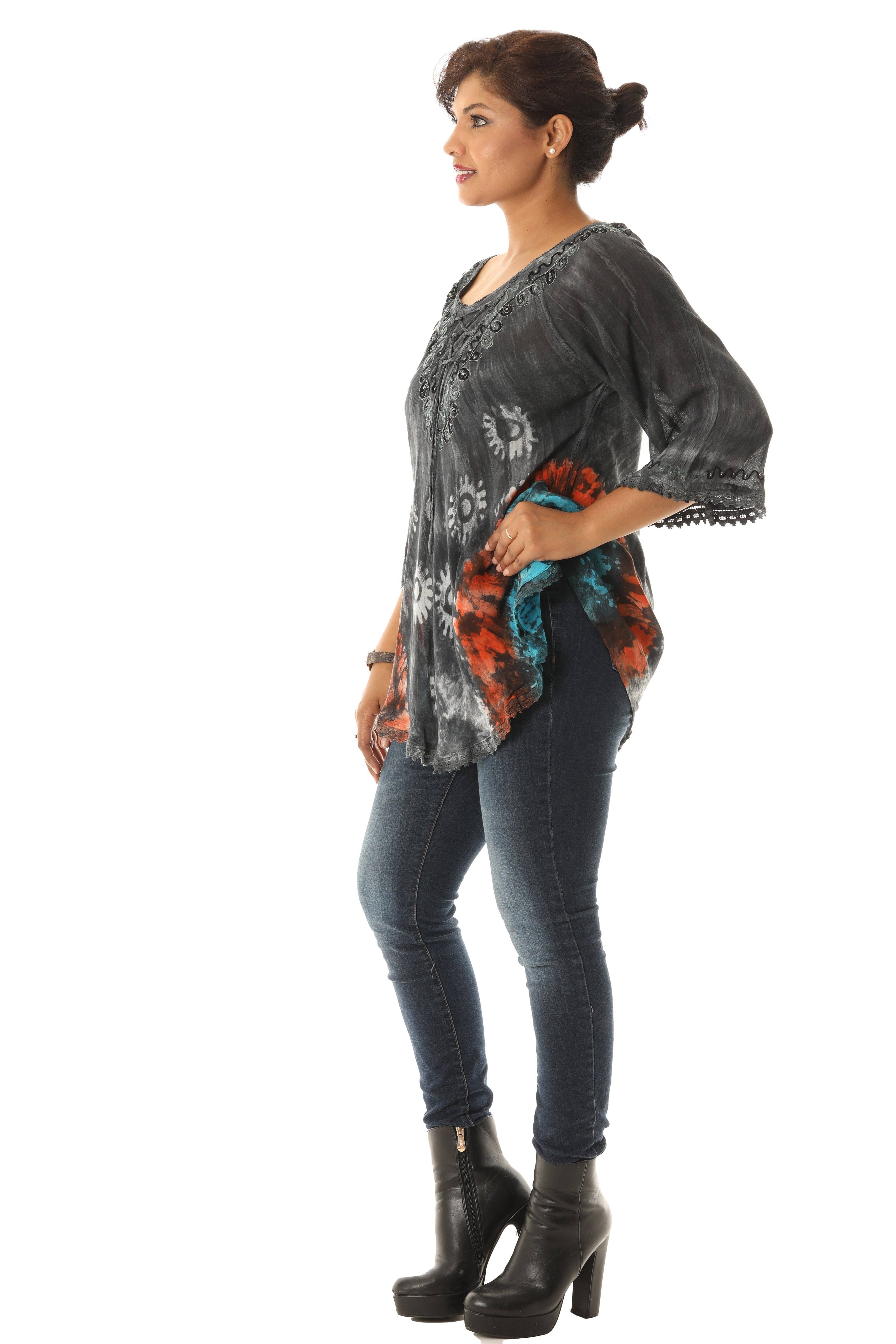 Shoreline Wear. INC - Wholesale Tunic - Women's - Bold Floral Pattern Orange Accent Tie Dye Rayon Tunic2