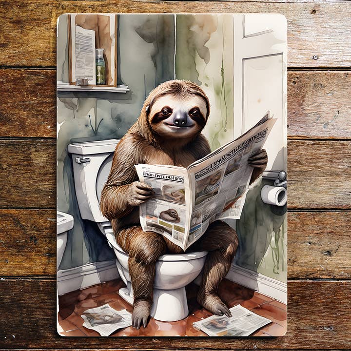 Panneau métallique Sloth Newspaper On the Toilet pour salle de bain pour la vente par The British Metal Signs Company