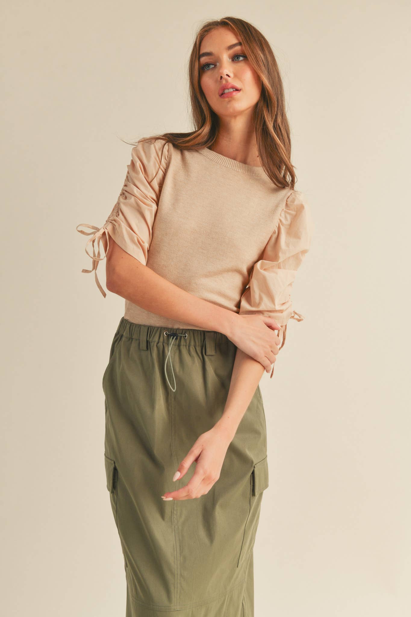 &MERCI - Wholesale Knit Top - Women's - RUCHED SLEEVE MIXED MEDIA TOP MSW2464