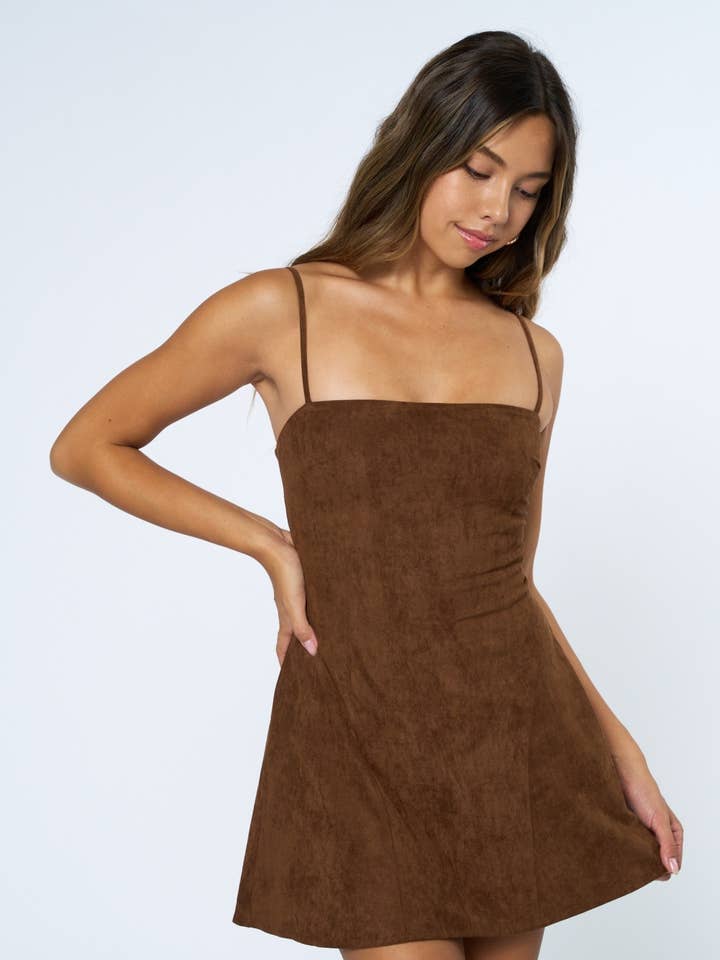 BROWN Suede Mini Dress with Back Lace-Up Detail for wholesale on Faire0