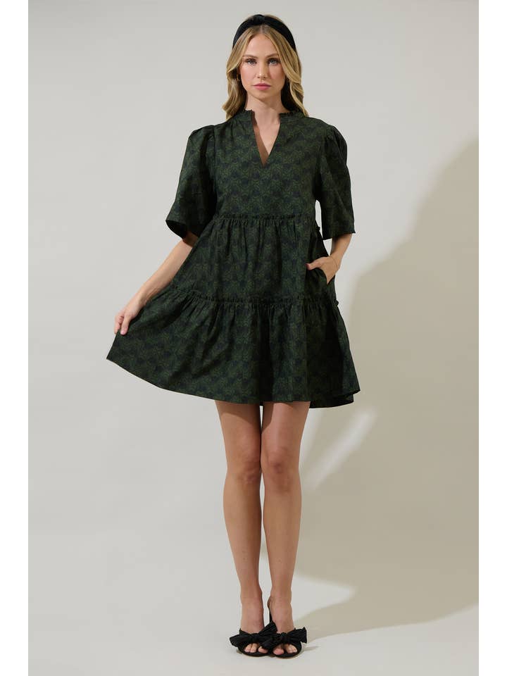 Olive Green Haslet Floral Dixie Split Neck Shift Dress for wholesale on Faire