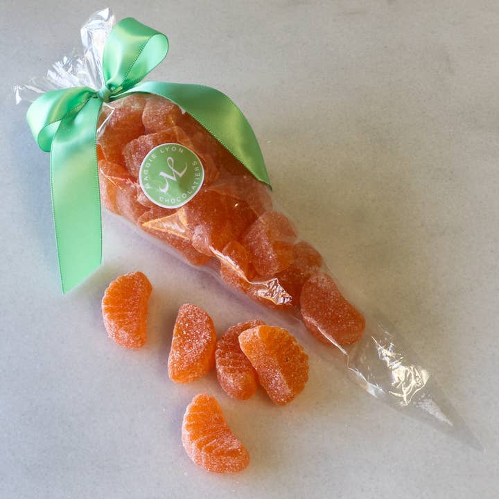 8oz Orange Slice in Carrot Shaped Bag for wholesale by Maggie Lyon Chocolatiers