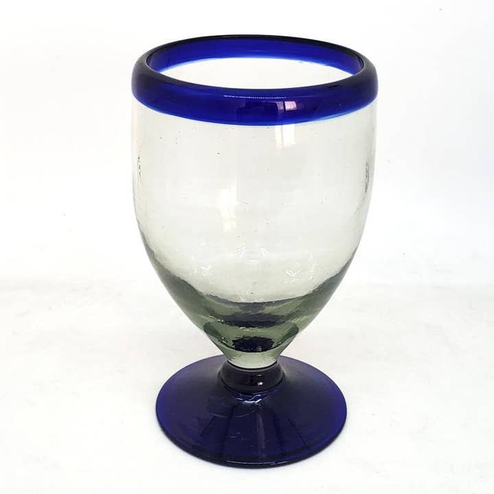 MexHandcraft - Wholesale Wine Glass - Mexican Cobalt Blue Rim 12 oz Short Stem Wine Glasses