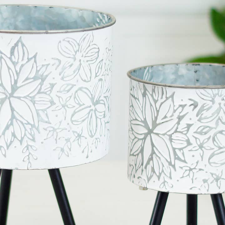 VIP Home & Garden - Wholesale Plant Pot - Metal Embossed Floral Design Planters S/2 15In/12In