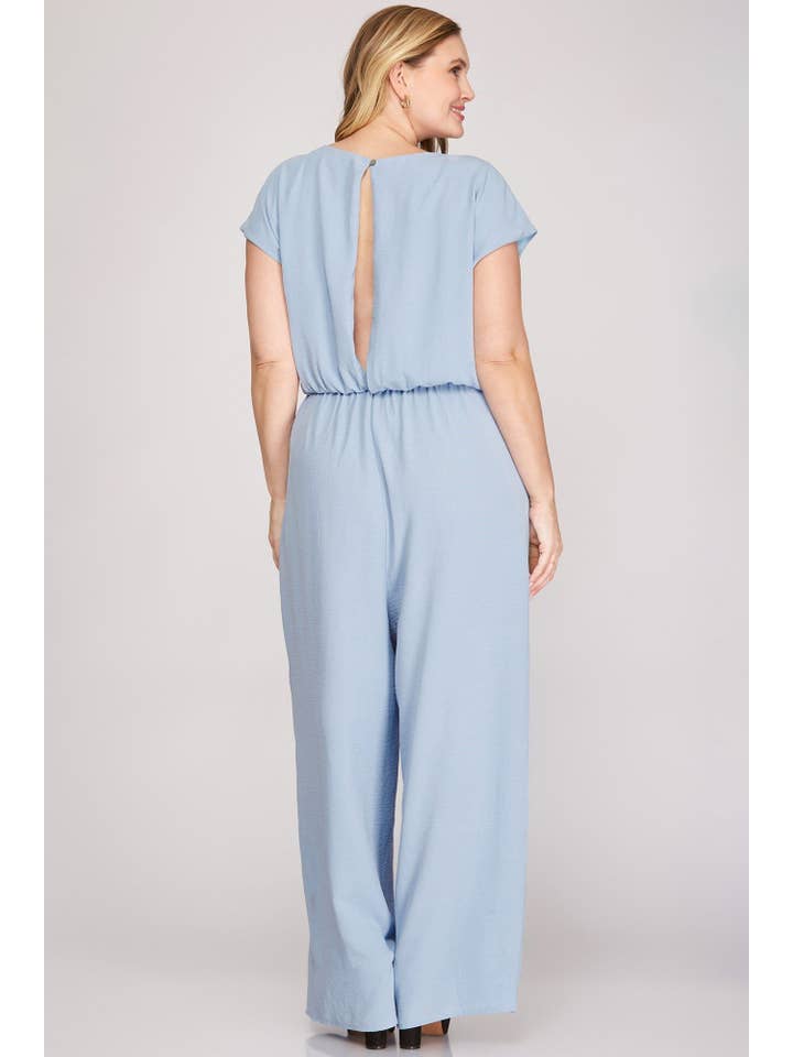 DUSTY BLUE FRONT TIE & KEYHOLE BACK PLUS SIZE JUMPSUIT S12PS for wholesale on Faire