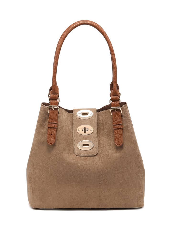 Turn Lock Vegan Suede Tote Bag with Removable Inner Pouch for wholesale by Ellas Trading