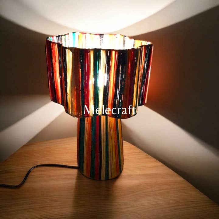 Melecraft - Vendita all'ingrosso Paralumi - Paralume da tavolo con rafia a righe, paralume in tessuto artigianale