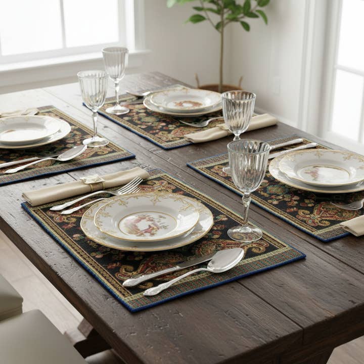 Tache Home Fashion - Wholesale Placemat - Tache Rococo Black Paisley Woven Tapestry Placemat Set1