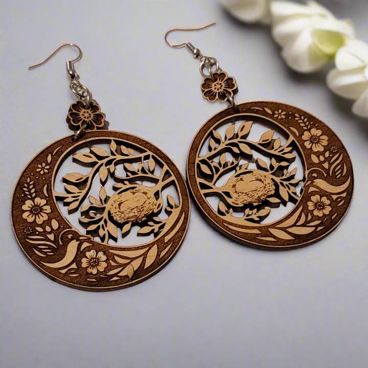 Handmade Nest Maple Wood Dangle Earrings – Bird & Floral Nature Design for wholesale by Bead And Beam