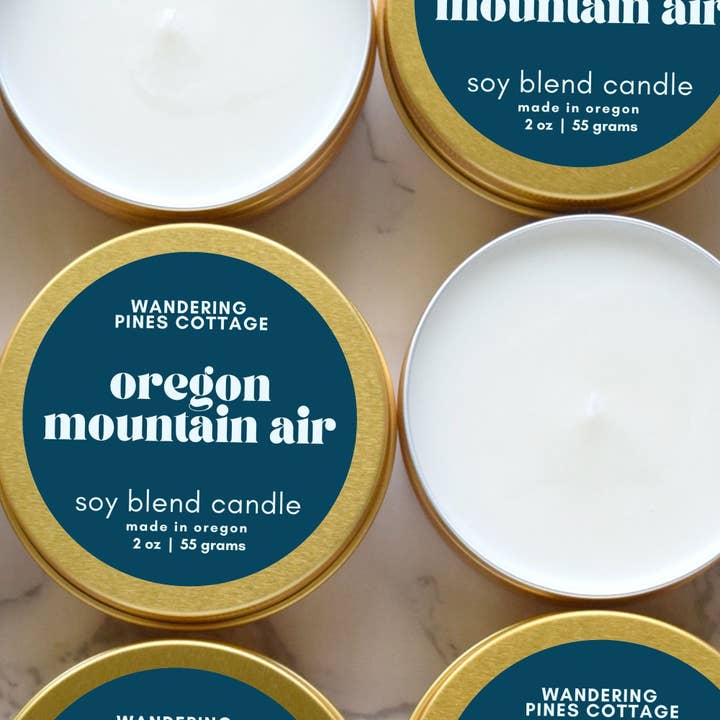 Oregon Mountain Air - 2 oz Gold Tin Travel Candle for wholesale by Wandering Pines Cottage