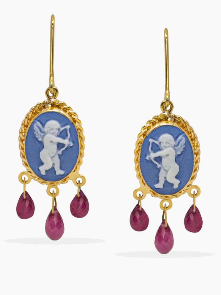 Cupido Sky Blue Cameo Earrings With Garnet for wholesale by Vintouch Jewels
