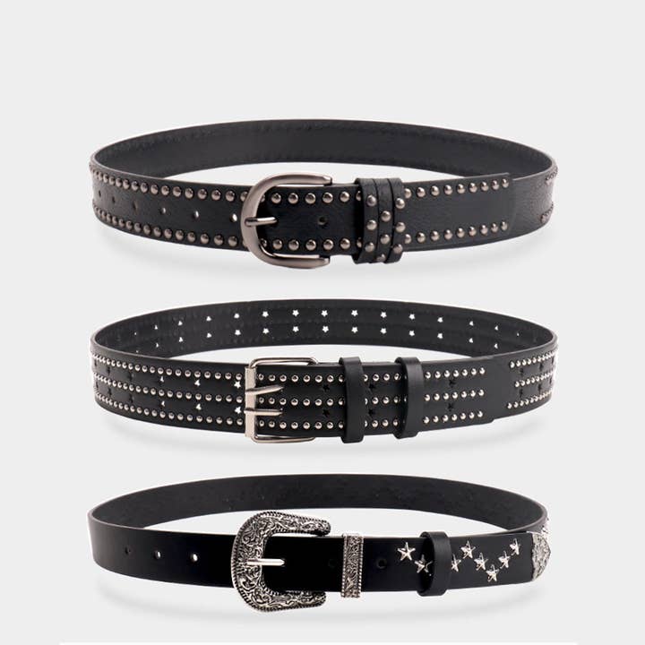 UNISHE - Wholesale Belt - Women's - Riveted Star Punk Y2K Girl Leather Belt ZK32226