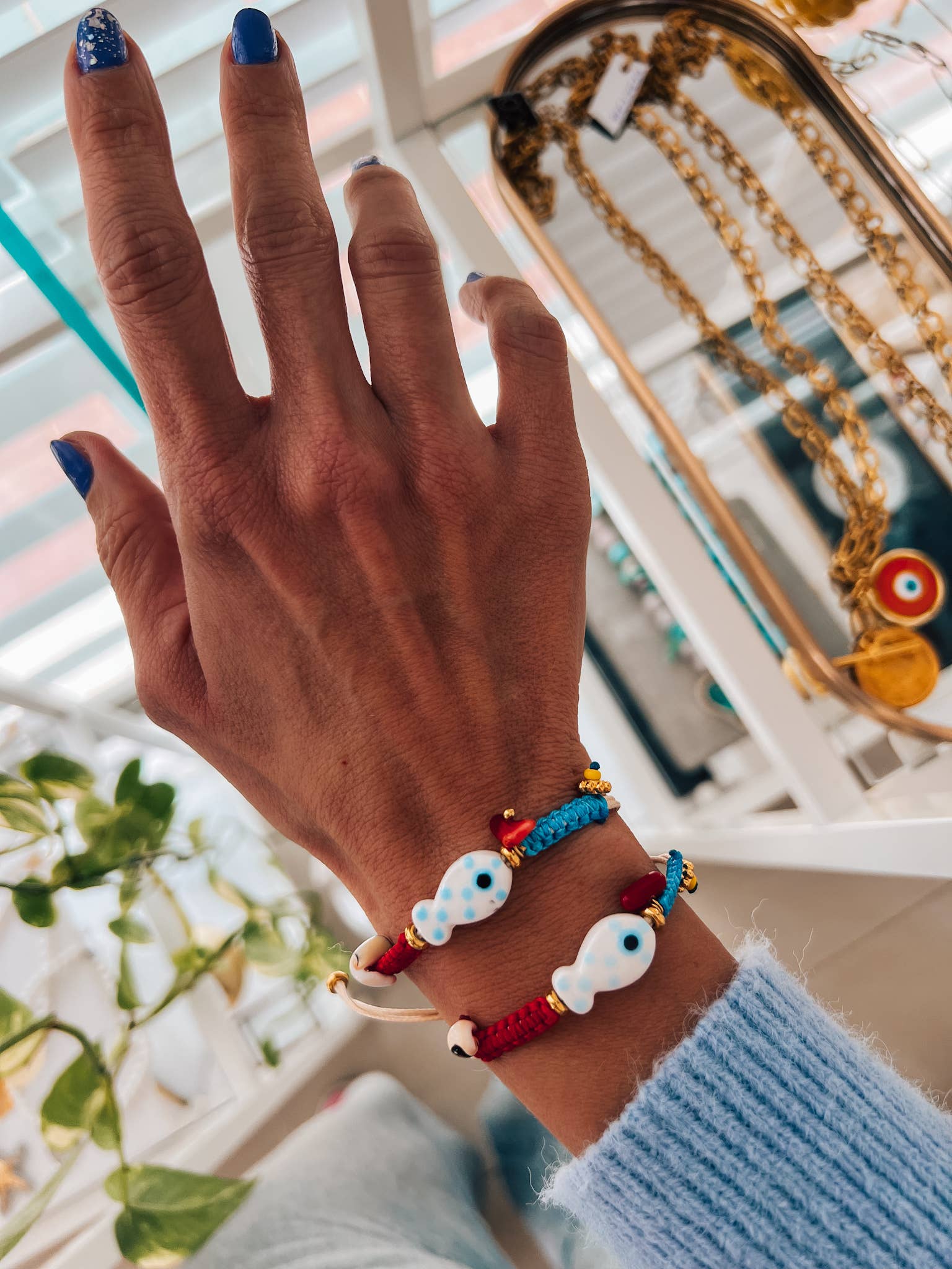 Goupi - Vendita all'ingrosso Bracciale in tessuto/intrecciato - Braccialetto estivo con pesce e occhio, regolabile2