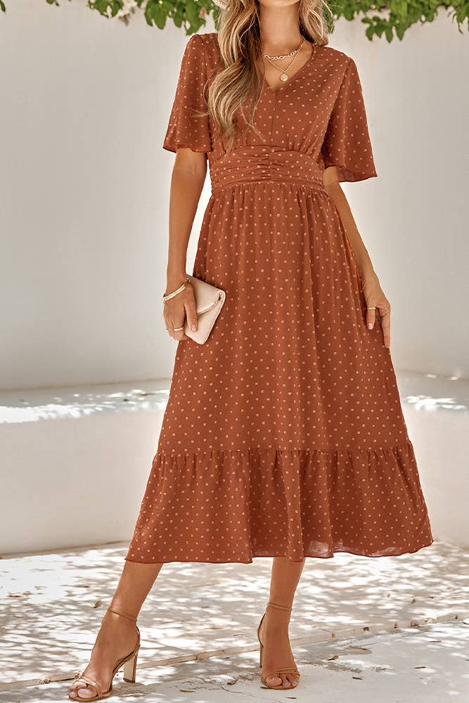 UNISHE - Wholesale Dress - Women's - Swiss Dot V Neck Ruffle Sleeves Dress SN1604