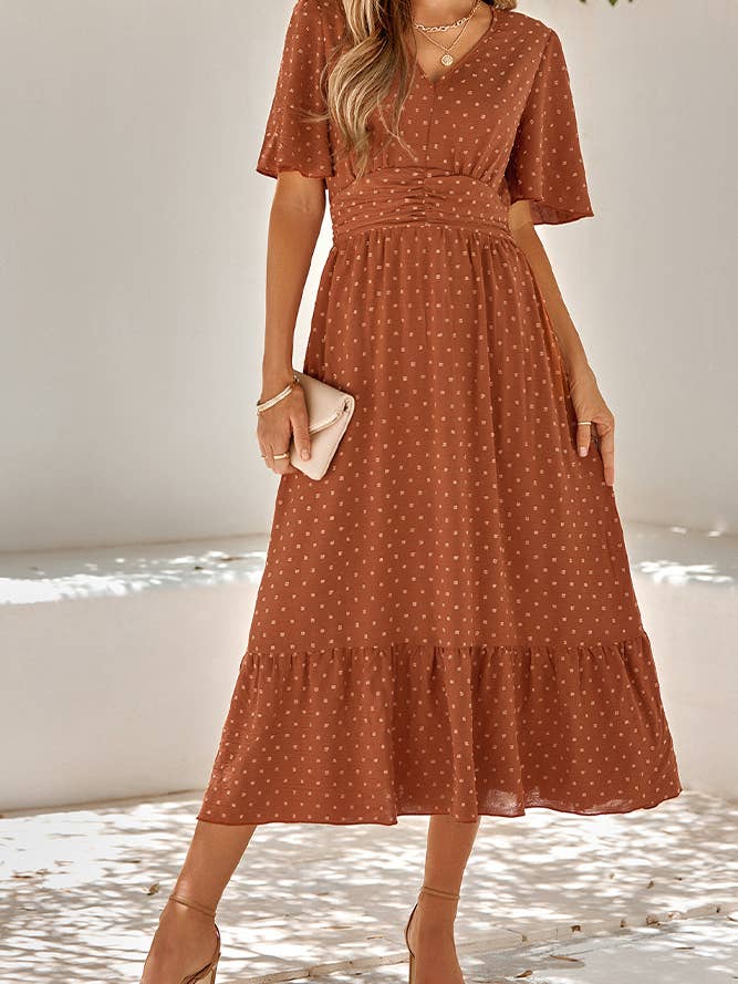 UNISHE - Wholesale Dress - Women's - Swiss Dot V Neck Ruffle Sleeves Dress SN1604