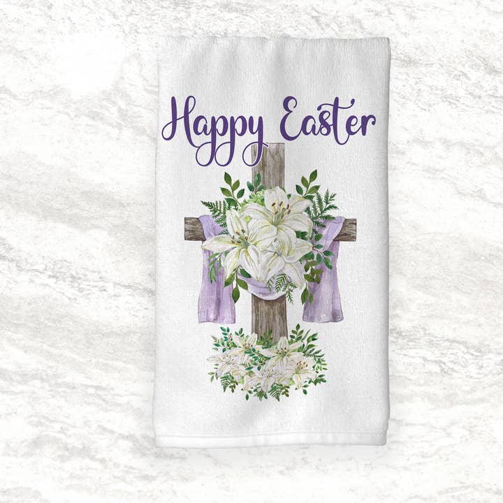 Easter Hand Towel | Cross, Lily | Happy Easter | He is Risen for wholesale by Sew Many Blessings LA