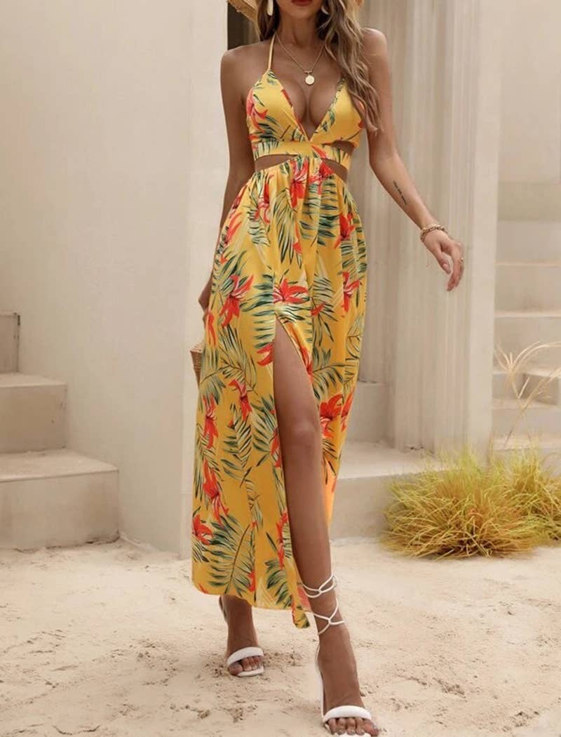 EmberLoom - Vente Robe – femme - Robe longue tropicale à col licou avec détails découpés0