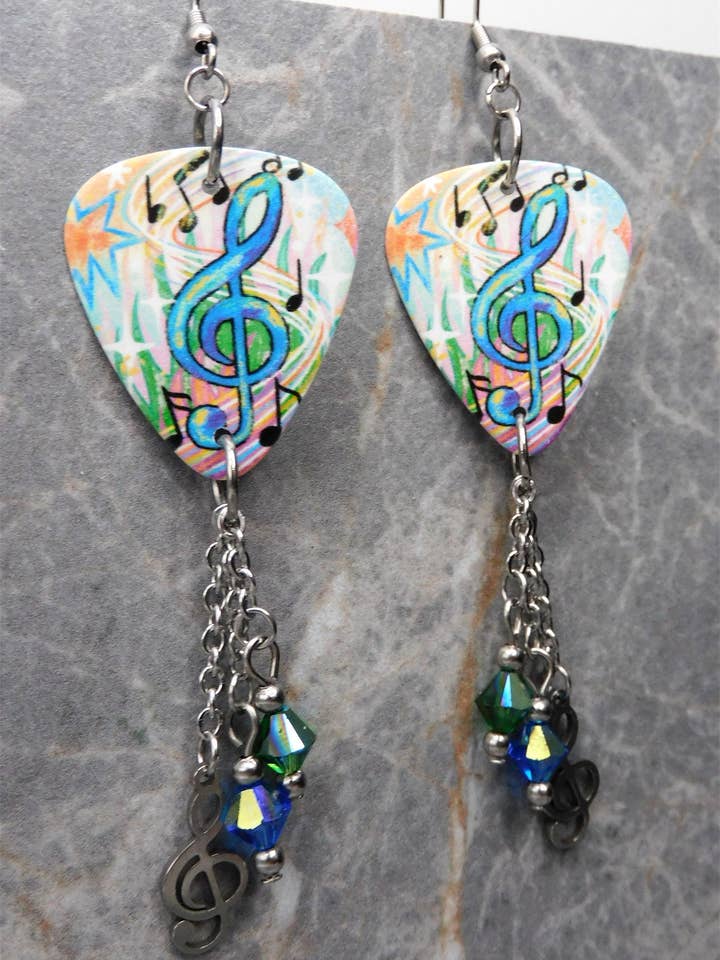 Music Notes Guitar Pick Earrings with Swarovski Crystals for wholesale by Simply Raevyn