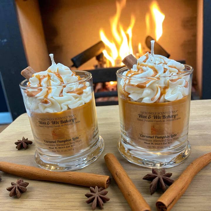 Wax and Wix Bakery® - Wholesale Jar/Filled Candle - Caramel Pumpkin Latte Candle. 13 oz. Large Soy Drink Candle.0