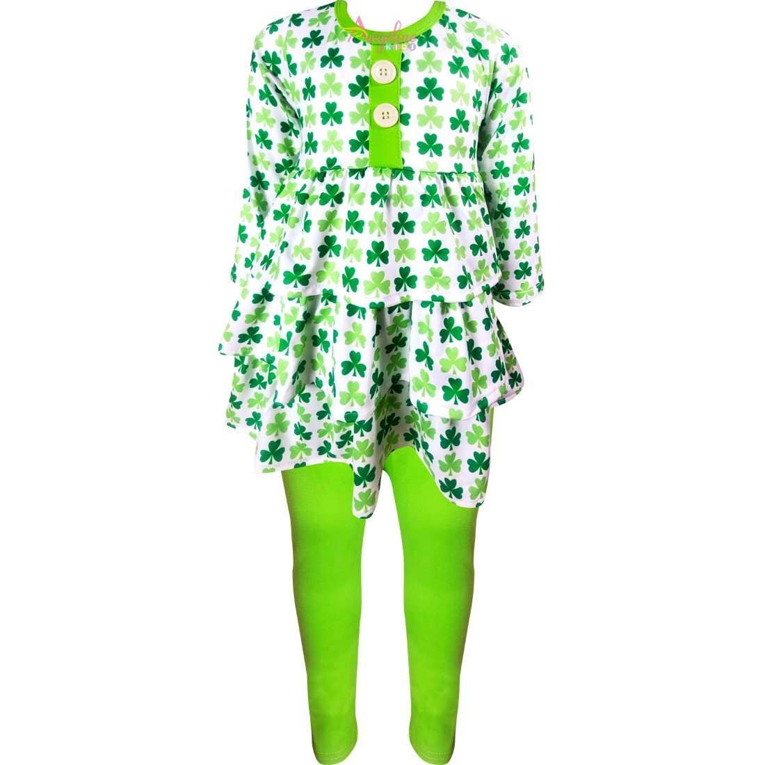 Angeline Kids - Wholesale Top & Leggings Set - Kids - Girls St Patricks Day Shamrock Clover Tiered Top Leggings Se1