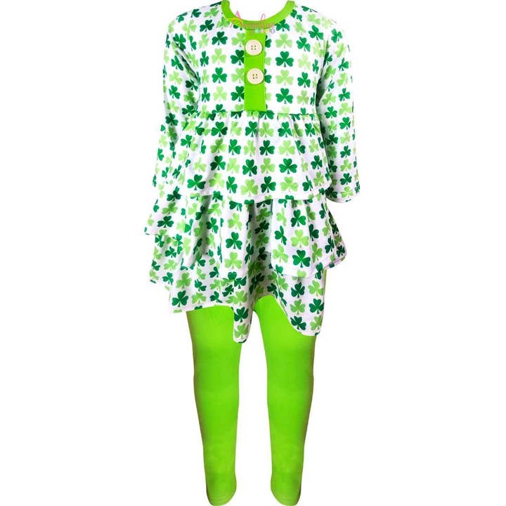 Angeline Kids - Wholesale Top & Leggings Set - Kids - Girls St Patricks Day Shamrock Clover Tiered Top Leggings Se1