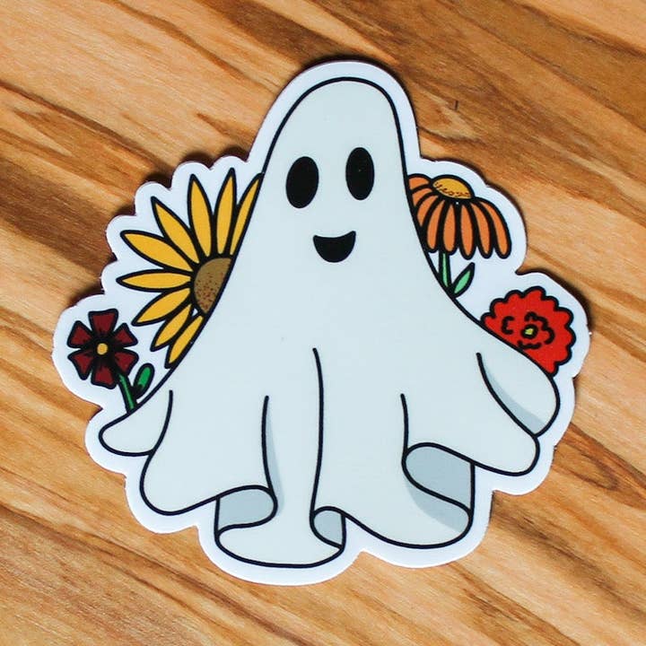 Gary the Floral Ghost Sticker, 3x2.91" for wholesale by Stillbay Home Goods