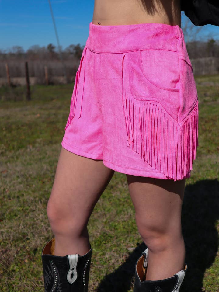 MK265 Holy Moly Jogginghose aus veganem Veloursleder mit Fransen, knallpink für den Großhandel von GoldenU