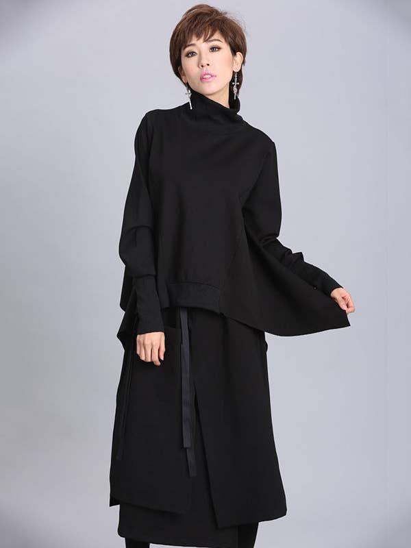 BLACK Solid Color Asymmetric High-Neck Loose Batwing Sleeve Sweatshirt for wholesale on Faire