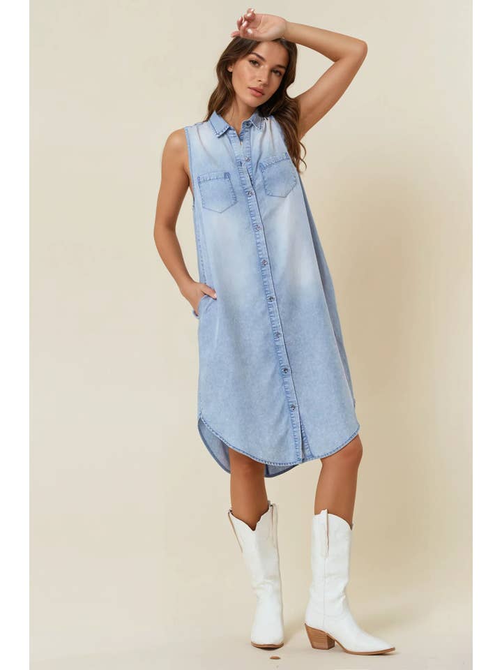 Doe and Rae - Wholesale Dress - Women's - SLEEVELESS TENCEL DENIM KNEE LENGTH SHIRT DRESS - 27647D