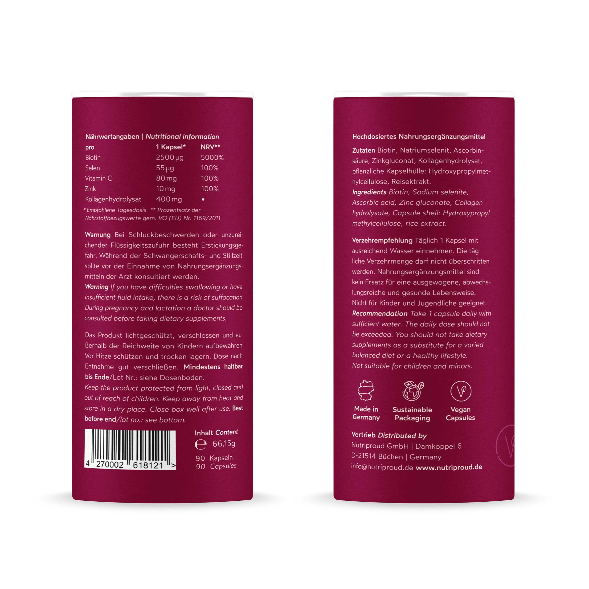 Nutriproud GmbH - Wholesale Oral Supplement/Vitamin - Beauty: biotin with selenium + vitamin C + zinc + Verisol®7