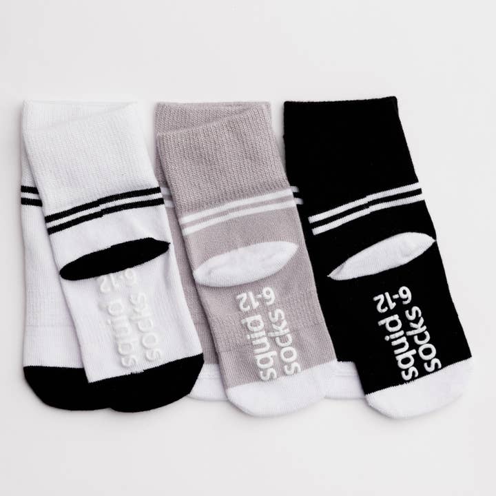squid socks – Engroshandel Strømper - Børn og baby – City - Skridsikre Babystrømper - Sort, Grå, Hvid med Striber2