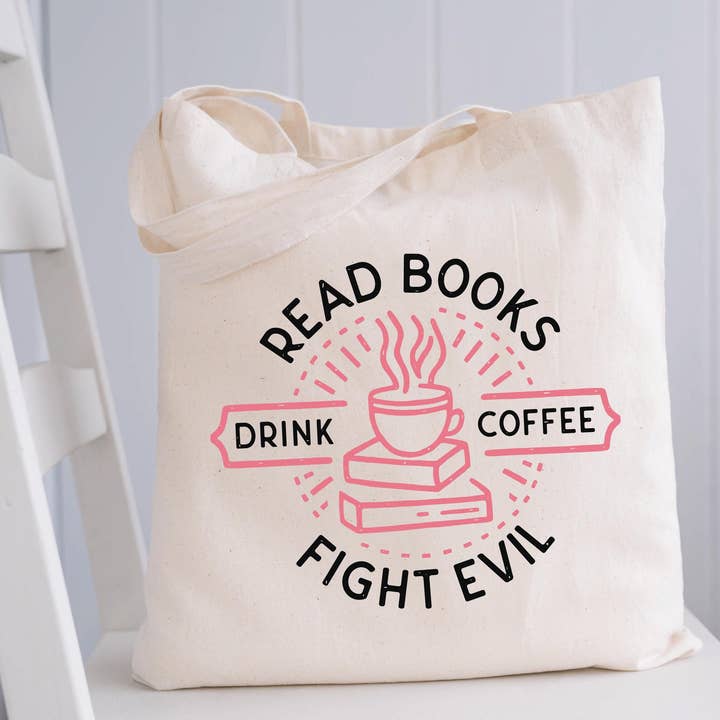 Bolso de tela: Leer libros, beber café, luchar contra el mal para venta al por mayor de Chapter & Craft Studio