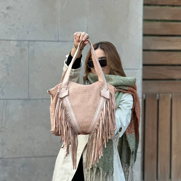 Berberwoolrug - Wholesale Schoudertas - Dames - Leren tas met geweven franjes, handgemaakte westerse gevlochten portemonnee6