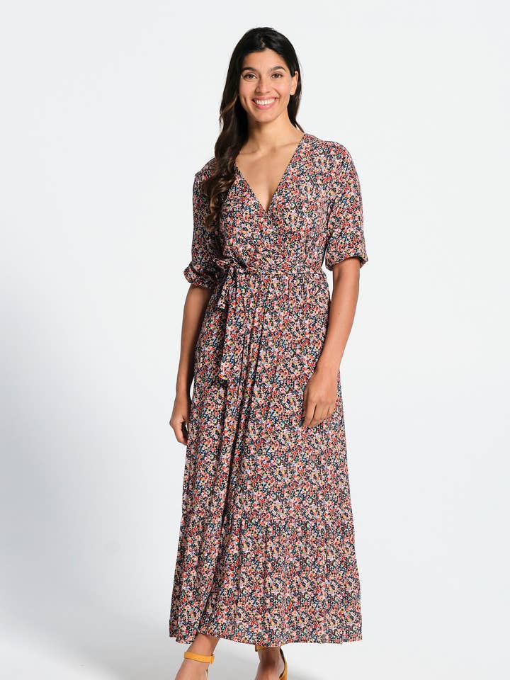 Vestido largo con cuello en V para mujer, cachemir, cintura elástica para venta al por mayor de J&JOY