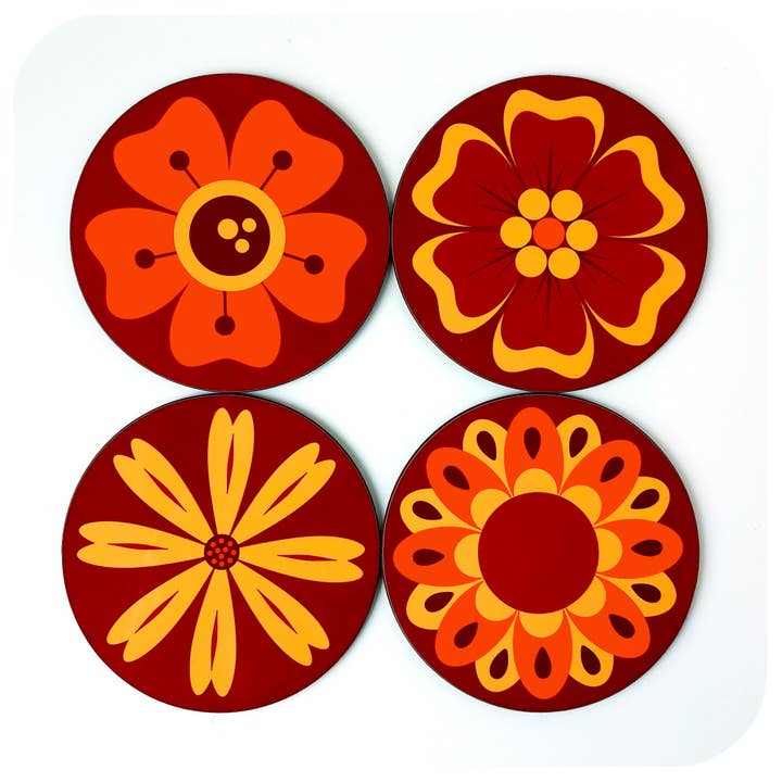 Retro Flowers Coasters in 70s Oranges - Vintage Style Decor for wholesale by InkaBilly
