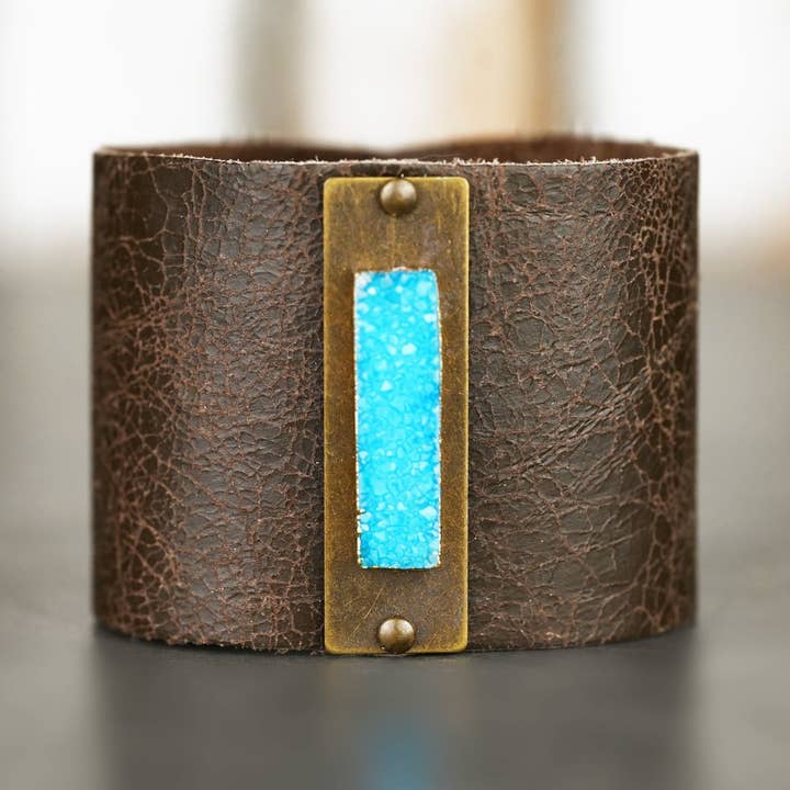 2" Leather Cuff w/ Bright Turquoise Druzy for wholesale by KBD Studio